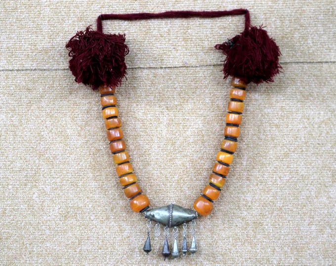 Vintage Berber Necklace 1960s, Moroccan Amber Resin Bead Necklace, Tribal Silver Pendant, Wool Pom Pom Ethnic Jewelry, Boho Necklace