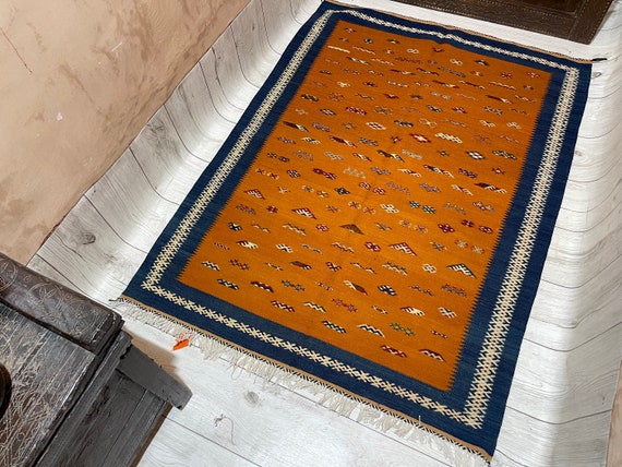 Amazing area Rug - Living Room Rugs - Handmade wool rug - Blue and orange rug - Large Moroccan rug - Berber Rug - Akhnif Rug