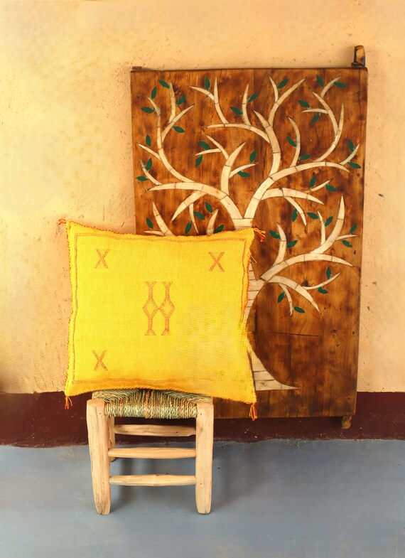 Boho Chic Yellow Cactus Silk Pillow - 18x18 Hand-Crafted Cover, Perfect for Halloween Decor