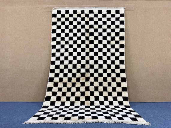 Black And White Checkered Rug 5x8 ft | Moroccan Beni Mrirt Rug | Soft Wool Handmade Rug | Luxury Berber Carpet for Bedroom or Living Room