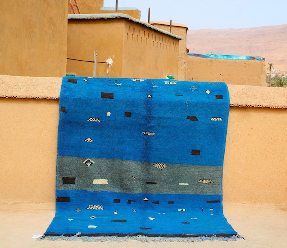 Gorgeous Blue Moroccan Rug 5x8- Vintage Beni Mrirt Rug - Beni Ourain Living room HandKnotted Tribal Rug