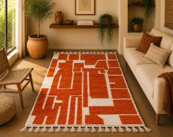 Orange Moroccan Rug 5x8 ft - Handmade Berber Wool Rug - Tufted Moroccan Rug - Beni Ourain Rug