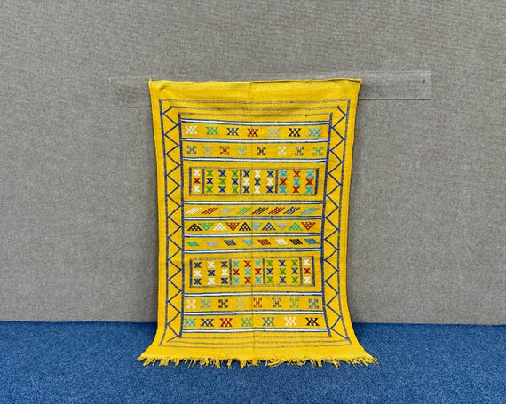Yellow Moroccan Berber Cactus Silk Rug 3x5 – Flatweave Natural Wool Silk Blend – Lightweight Boho Area rug | Free Shipping