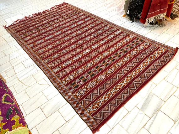 Flat weave Kilim 6.5 x 12 feet - Shag rug - zanafi kilim - Berber rug - Vintage Morocco rug - Red Vintage kilim - Home Decor Kilim - teppich