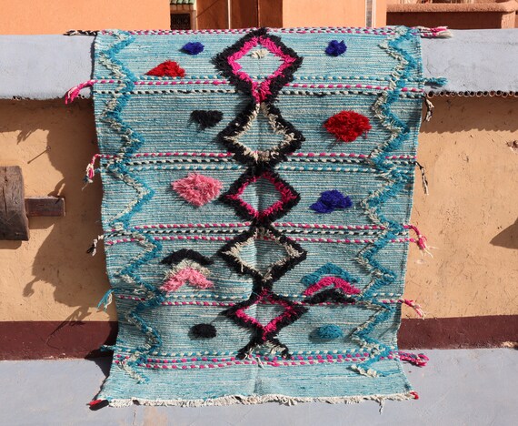 Artisan Moroccan Blue Rug- Beautiful Moroccan Rug 4x6ft-Handmade Blue Zanafi Moroccan Rug