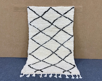 Boho Beni Ourain  3x5 Rug – Handmade Wool Rug – Moroccan Home Decor – Soft and Thick - White And Black Rug Boho - Small Wool Rug