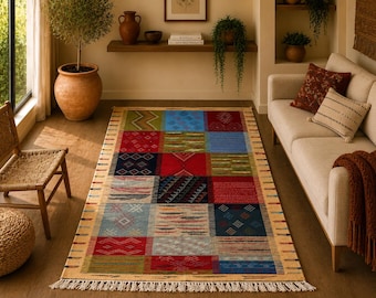 Berber  Picasso Rug 3x6 ft – Authentic Moroccan Flatweave Wool –Living Room Rug – Handmade Wool Carpet – Colorful Rug – Moroccan Home Decor