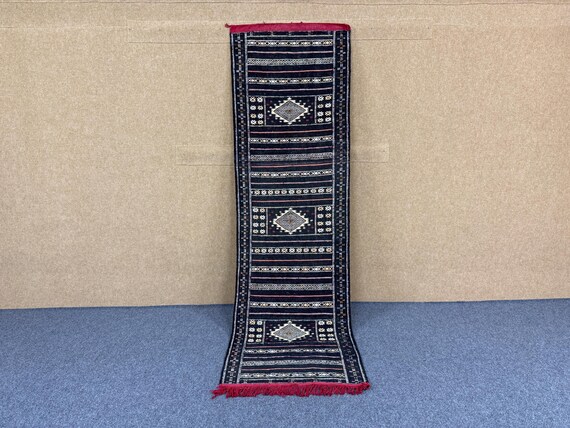 Black Kilim Berber Runner – Moroccan Rug 2 x 9 ft – Handmade Wool Carpet - Boho Black Runner Rug - Minimalist Moroccan Runner - Home Decor