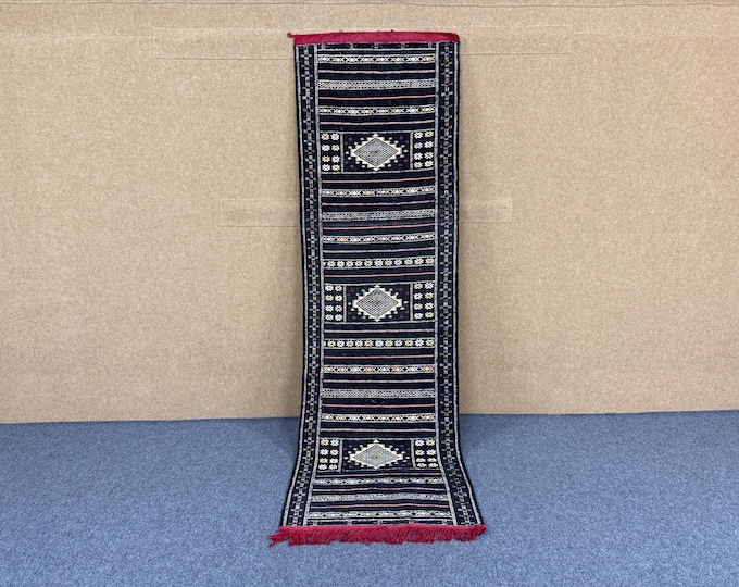 Black Kilim Berber Runner – Moroccan Rug 2 x 9 ft – Handmade Wool Carpet - Boho Black Runner Rug - Minimalist Moroccan Runner - Home Decor