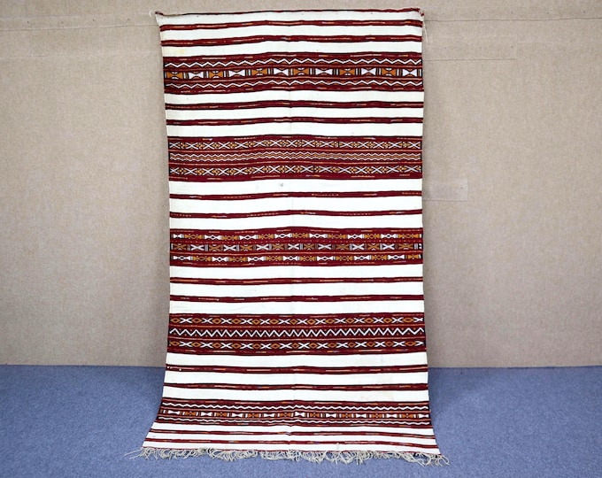 Moroccan Kilim Striped Rug 5x8 - Handwoven Berber Rug - Natural Wool Aria Rug For Living Room - Boho Tribal RUG