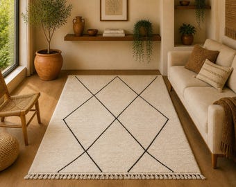 Minimalist Boho Area Rug 5x8 beni ourain | Handmade Moroccan rug | Hand-Knotted Berber Rug | Berber Natural Wool Rug