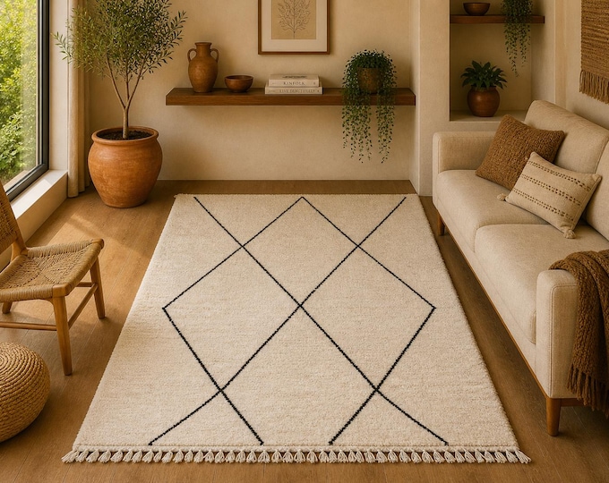 Minimalist Boho Area Rug 5x8 beni ourain | Handmade Moroccan rug | Hand-Knotted Berber Rug | Berber Natural Wool Rug