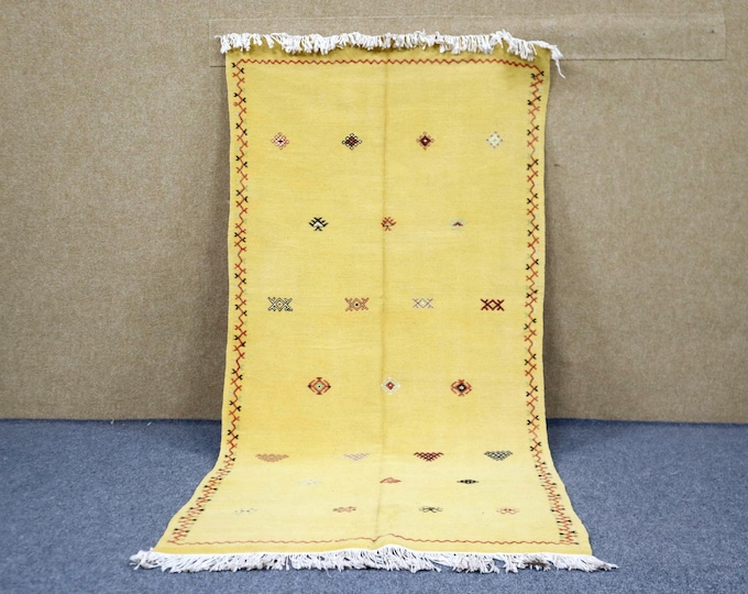 Moroccan Akhnif Rug 3x4 - Yellow Berber Rug - Handwoven Rug For Living Room - Natural Wool Rug - Tribal Boho Rug - Tribal Wall Hanging Decor