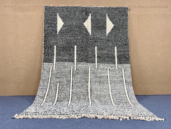 Modern Beni Ourain Rug 6x9 ft– Moroccan High Pile Wool Carpet – Black and White Rug – Handmade Wool Carpet –Hand-Knotted Berber Tribal Decor