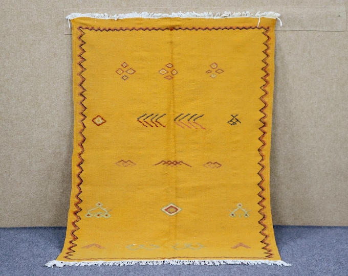 Vibrant Yellow Moroccan Rug 3x5 - Handwoven Akhnif Rug - Natural Wool Area Rug - Berber Flat Weave Rug - Ethnic Moroccan Wall Art
