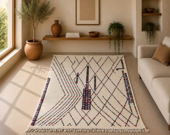Minimalist Berber Moroccan Rug 7x9 | Azilal Wool Rug | Moroccan Berber Handwoven Wool Carpet | Hand-Knotted Moroccan Boho Carpet