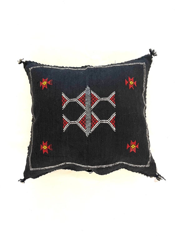 LUXURIOUS BLACK PILLOWS silk 18X18, Pillow Cactus Silk, Moroccan Lumbar Cushion Handmade Silk Decorative Pillow, Moroccan Sabra pillow