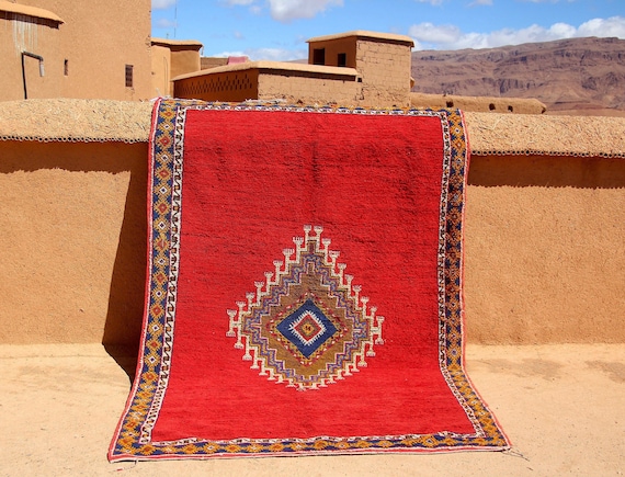 Authentic Berber Red Moroccan Rug - 5x8 rug - Taznakht rug - Handcrafted Moroccan Rug - Red Wool Rug