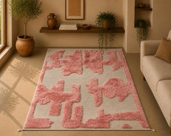 Modern Tufted Moroccan Rug 6x8 - Pink Berber rug - Premium Wool Aria Rug - Living Room Mrirt Carpet -Finer Than Beni Ourain Rug