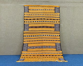 Yellow Moroccan Berber Rug 5x 7 ft – Handmade Wool Carpet –Traditional Rug – Handwoven Flat Weave Carpet – Ethnic Wool Decor