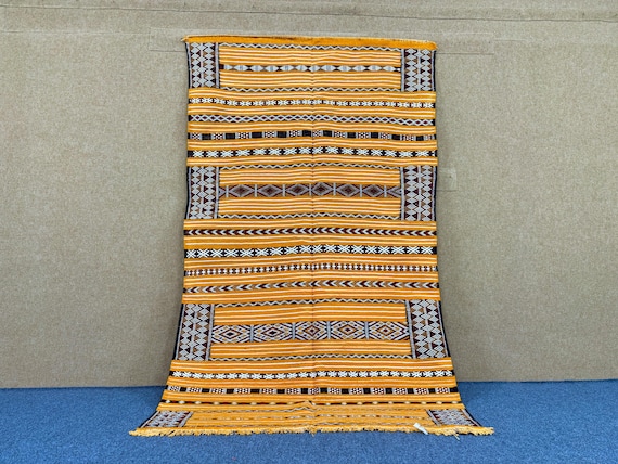 Yellow Moroccan Berber Rug 5x 7 ft – Handmade Wool Carpet –Traditional Rug – Handwoven Flat Weave Carpet – Ethnic Wool Decor