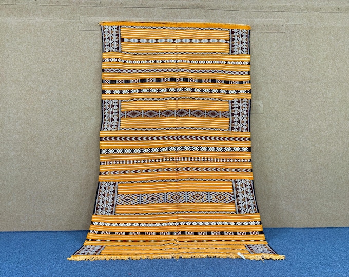 Yellow Moroccan Berber Rug 5x 7 ft – Handmade Wool Carpet –Traditional Rug – Handwoven Flat Weave Carpet – Ethnic Wool Decor