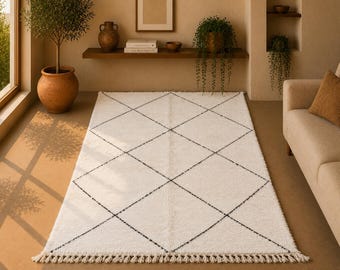 Minimalist Beni Ourain Rug 6x10 ft – Moroccan Wool Carpet – Black and White Tribal Design – Soft Wool Moroccan Carpet – white Modern Rug