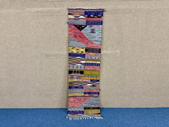 Moroccan Picasso Runner Rug 2 x 7 ft – Berber Handmade Wool Rug – Abstract Hallway Flatweave – Tribal Hallway Decor – Free Shipping