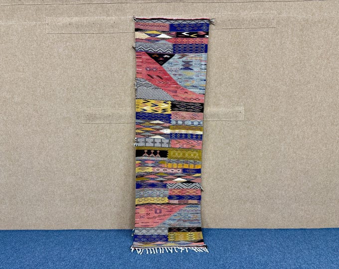 Moroccan Picasso Runner Rug 2 x 7 ft – Berber Handmade Wool Rug – Abstract Hallway Flatweave – Tribal Hallway Decor – Free Shipping