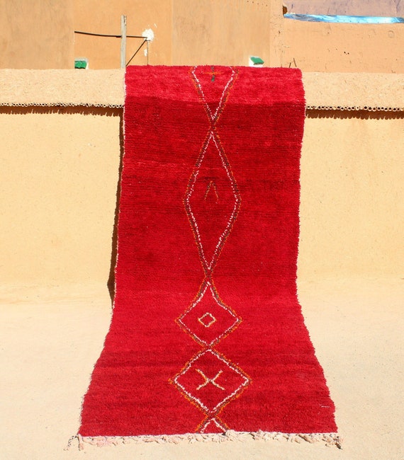 Berber Moroccan Runner - 12x3.4 Feet - Handmade Soft Rug - Red runner - Unique Boujaad & Beni Mrirt Carpet