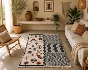 Unique Tribal Berber Wool Carpet - Moroccan Wool Glaoui Rug 4x5 Ft - Handmade Berber Carpet for Living Room - Ethnic Moroccan Rug