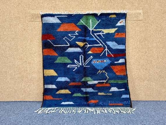 Blue Moroccan Rug 4x4 ft –Handmade Azilal Rug – Authentic Moroccan Wool –Azilal– Traditionally Rugs – Colored Area Rug –Home Decorful