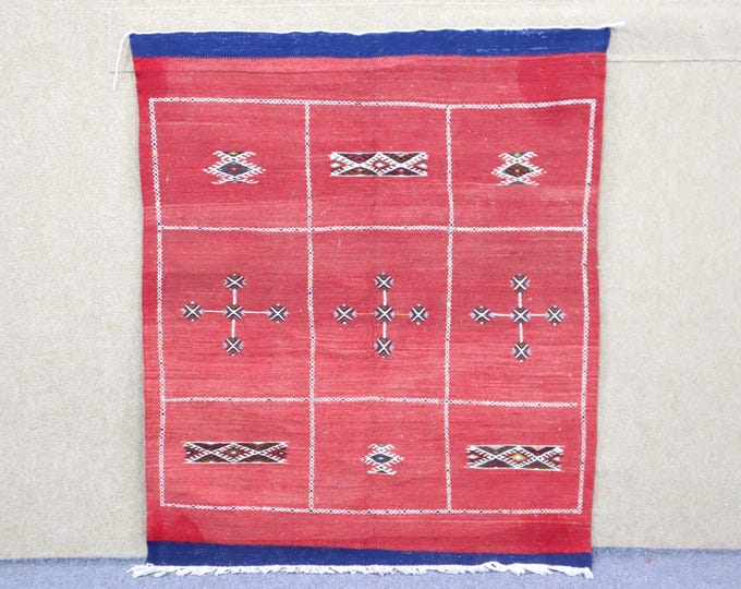 Red Moroccan Akhnif Rug 3x4 - Small Berber Rug - Flat Weave Moroccan Rug - Handwoven Rug - Natural Wool Area Rug