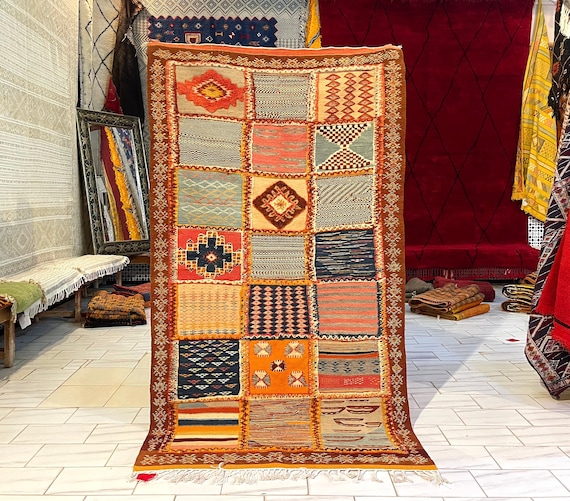 Multicolored area rug 3.9 x 7.4 Feet - Moroccan Picasso rug - Bedroom rug - Abstract area rug handmade - flat weave rug - boho rug - akhnif