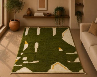 Green Luxury Mrirt Rug 6x8 - Handcrafted Moroccan Rug - Premium Wool Aria Rug - Living Room Carpet - Irregular Moroccan Rug