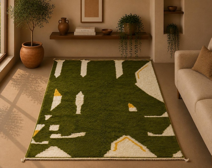 Green Luxury Mrirt Rug 6x8 - Handcrafted Moroccan Rug - Premium Wool Aria Rug - Living Room Carpet - Irregular Moroccan Rug