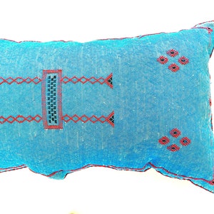 Pu&ograve; includere: Un cuscino blu turchese con motivi geometrici ricamati in rosso e nero. Il cuscino ha un bordo a frangia e un fiocco.