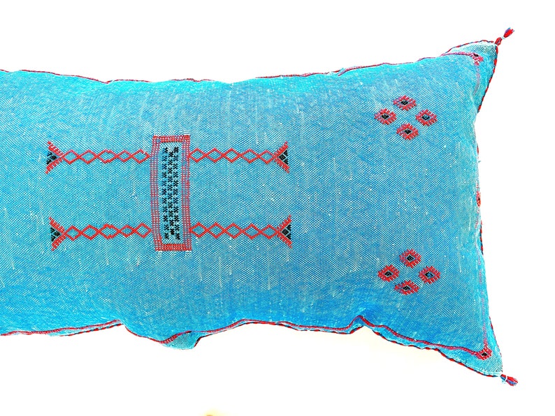 Pu&ograve; includere: Un cuscino blu turchese con motivi geometrici ricamati in rosso e nero. Il cuscino ha un bordo a frangia e un fiocco.