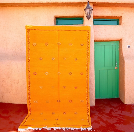 Moroccan rug 5x9 feet - Akhnif rug -  handmade area rug - flat weave rug - yellow Kilim rug -  4.8 x 9 Feet