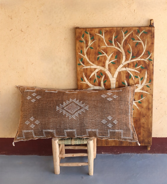 Boho Chic Pillow Cover: Handmade Moroccan Cactus Silk, Earthy Brown Tones, Perfect for Halloween