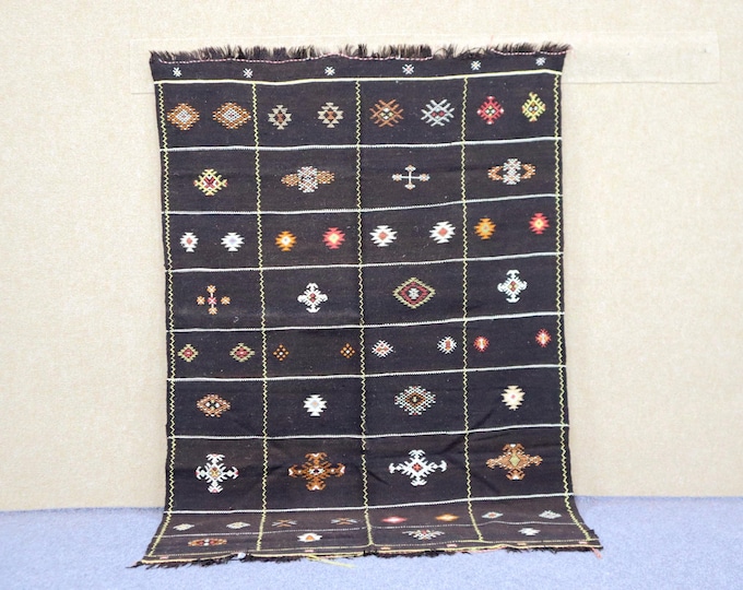 Authentic Black Moroccan Rug 3x5 - Handwoven Akhnif Rug - Flat Weave Berber Rug - Natural Wool Area Rug - Boho Statement Rug for Bedroom