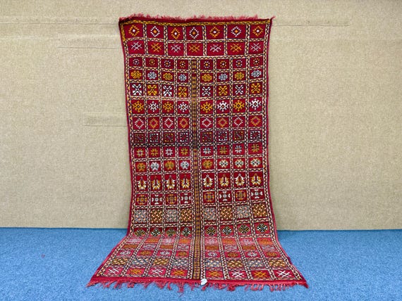 Authentic  Red Boujaad Rug from Morocco 5x10 ft – Handwoven Wool Carpet – Bohemian Floor Decor – Living Room Rug –Moroccan Home Style