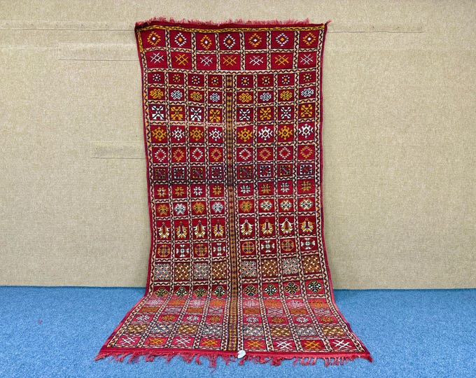 Authentic  Red Boujaad Rug from Morocco 5x10 ft – Handwoven Wool Carpet – Bohemian Floor Decor – Living Room Rug –Moroccan Home Style