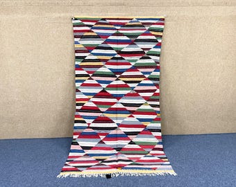 Akhnif Picasso Rug 4x8 ft – Moroccan Berber Flatweave Wool Carpet – Abstract Tribal Rug – Handmade Boho Decor  – Free Shipping