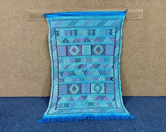 Moroccan Blue Sky Berber Cactus Silk Rug 3x5 – Flatweave Natural Wool Silk Blend – Lightweight Boho Area rug | Free Shipping