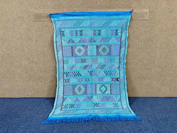 Moroccan Blue Sky Berber Cactus Silk Rug 3x5 – Flatweave Natural Wool Silk Blend – Lightweight Boho Area rug | Free Shipping