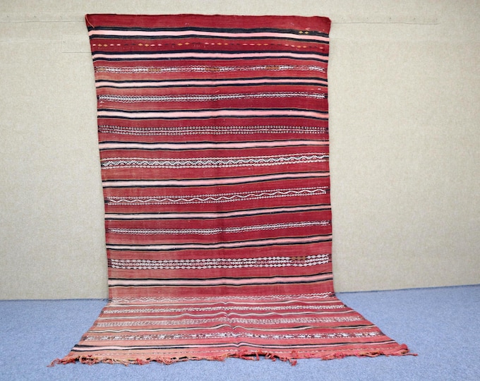 Vintage Moroccan Rug 5x11 - Handwoven Berber Rug For Living Room - Red Kilim Moroccan Rug - Tribal Boho Rug - Striped Rug