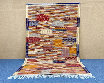 Picasso Style Moroccan Berber Rug 7 x 10 – Handmade Abstract Wool Area Rug - Flatweave carpet - Extra Long Rug