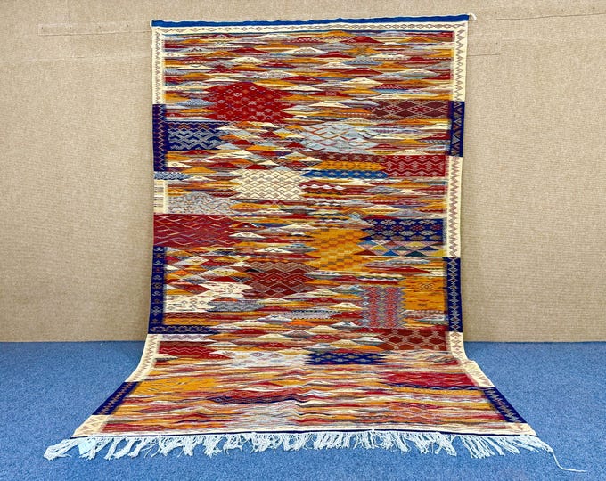 Picasso Style Moroccan Berber Rug 7 x 10 – Handmade Abstract Wool Area Rug - Flatweave carpet - Extra Long Rug