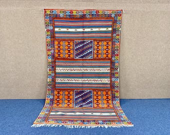 Berber Glaoui Rug 5x9 ft – Handwoven Moroccan Carpet – Natural Wool Rug  – Moroccan Flat weave with Embroidery –Tribal Style – Free Shipping